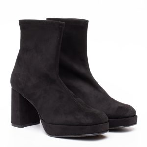 Stivaletto nero con plateau in tessuto scamosciato elasticizzato tacco largo
