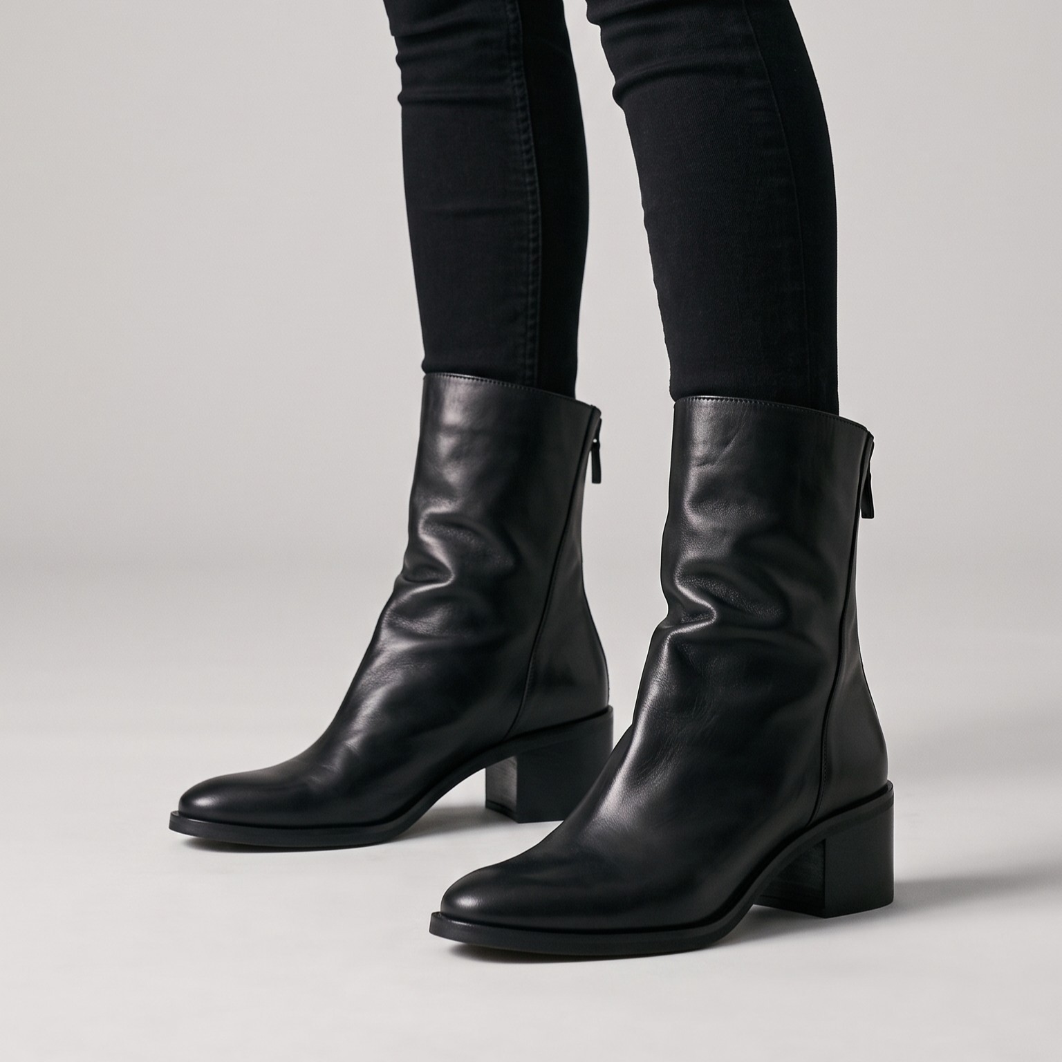 Stivaletto in Pelle Nera con Tacco Medio e Zip