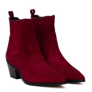 Stivaletto texano camoscio bordeaux con impunture decorative e tacco cubano